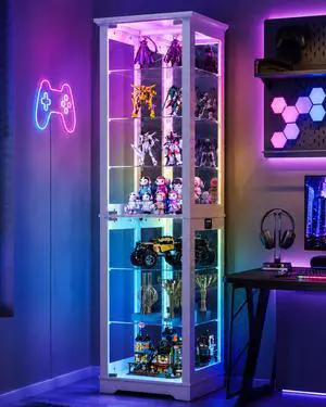 Vlsrka Display Cabinet with Glass Doors, 7 Tier RGB Lights Curio Cabinet | APP-Controlled LED Glass Display Case,Human Sensor Lighting Showcase for Collectibles Action Figures LEGO,Trophies,white Vlsrka Display Cabinet with Glass Doors, 7 Tier RGB Lights Curio Cabinet | APP-Controlled LED Glass Display Case,Human Sensor Lighting Showcase for Collectibles Action Figures LEGO,Trophies,white