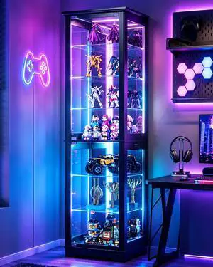 Vlsrka Display Cabinet with Glass Doors, 7 Tier RGB Lights Curio Cabinet | APP-Controlled LED Glass Display Case,Human Sensor Lighting Showcase for Collectibles Action Figures LEGO,Trophies,Black Vlsrka Display Cabinet with Glass Doors, 7 Tier RGB Lights Curio Cabinet | APP-Controlled LED Glass Display Case,Human Sensor Lighting Showcase for Collectibles Action Figures LEGO,Trophies,Black