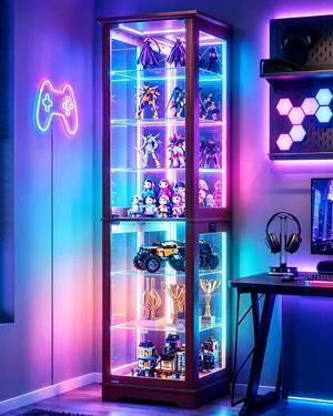 Vlsrka Display Cabinet with Glass Doors, 7 Tier RGB Lights Curio Cabinet | APP-Controlled LED Glass Display Case,Human Sensor Lighting Showcase for Collectibles Action Figures LEGO,Trophies,Brown Vlsrka Display Cabinet with Glass Doors, 7 Tier RGB Lights Curio Cabinet | APP-Controlled LED Glass Display Case,Human Sensor Lighting Showcase for Collectibles Action Figures LEGO,Trophies,Brown