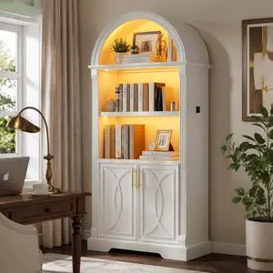 Vlsrka Kitchen Pantry Storage Cabinets with Adjustable Shelves, 71" Tall | Arched Wooden Cabinet with Doors, 3 Colors LED Lights, Motion Sensor, Freestanding, for Living/Dining Room, White Vlsrka Kitchen Pantry Storage Cabinets with Adjustable Shelves, 71" Tall | Arched Wooden Cabinet with Doors, 3 Colors LED Lights, Motion Sensor, Freestanding, for Living/Dining Room, White