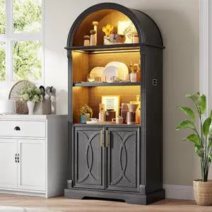 Vlsrka Kitchen Pantry Storage Cabinets with Adjustable Shelves, 71" Tall | Arched Wooden Cabinet with Doors, 3 Colors LED Lights, Motion Sensor, Freestanding, for Living/Dining Room, Black Vlsrka Kitchen Pantry Storage Cabinets with Adjustable Shelves, 71" Tall | Arched Wooden Cabinet with Doors, 3 Colors LED Lights, Motion Sensor, Freestanding, for Living/Dining Room, Black