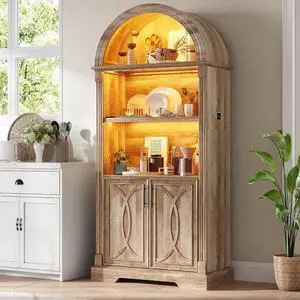 Vlsrka Kitchen Pantry Storage Cabinets with Adjustable Shelves, 71" Tall | Arched Wooden Cabinet with Doors, 3 Colors LED Lights, Motion Sensor, Freestanding, for Living/Dining Room, Wood Vlsrka Kitchen Pantry Storage Cabinets with Adjustable Shelves, 71" Tall | Arched Wooden Cabinet with Doors, 3 Colors LED Lights, Motion Sensor, Freestanding, for Living/Dining Room, Wood
