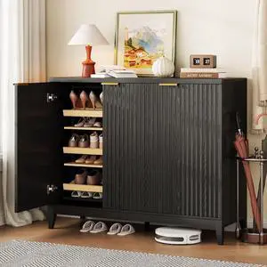 Vlsrka Shoe Storage Cabinet with Fluted Doors and Adjustable Shelves | 6 Tier Wooden Shoe Organizer, Large Capacity, Human Sensor Lighting, 180° Rotating, for Entryway, Hallway, Living Room, Black Vlsrka Shoe Storage Cabinet with Fluted Doors and Adjustable Shelves | 6 Tier Wooden Shoe Organizer, Large Capacity, Human Sensor Lighting, 180° Rotating, for Entryway, Hallway, Living Room, Black