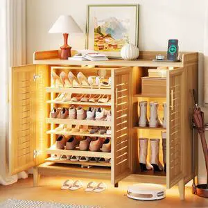 Vlsrka Rotating Shoe Storage Cabinet with Slatted Doors and Lights, Wood | 24 Pairs Shoe Storage Organizer, 6 Tier Pull Out Shoe Rack, Charging Station, Motion Sensor, Adjustable Shelves, for Entryway Vlsrka Rotating Shoe Storage Cabinet with Slatted Doors and Lights, Wood | 24 Pairs Shoe Storage Organizer, 6 Tier Pull Out Shoe Rack, Charging Station, Motion Sensor, Adjustable Shelves, for Entryway