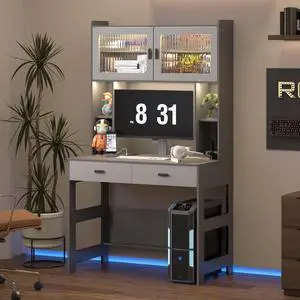 Vlsrka Home Office Desk with Charging Station and LED Lights, 40" Grey | Modern Computer Desk, 2 Drawers, Hutches, 2 Doors, 4 Open Shelves, Wooden Writing Table for Bedroom Study Room, Teenager Gift Vlsrka Home Office Desk with Charging Station and LED Lights, 40" Grey | Modern Computer Desk, 2 Drawers, Hutches, 2 Doors, 4 Open Shelves, Wooden Writing Table for Bedroom Study Room, Teenager Gift