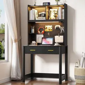 Vlsrka Small Study Desk with Drawers and Reading Lights for Compact Space | 31.5" Fluted Computer Desk with Hutch, Writing Desk with Storage and Charging Station for Teen Bedroom, Study Room, Black Vlsrka Small Study Desk with Drawers and Reading Lights for Compact Space | 31.5" Fluted Computer Desk with Hutch, Writing Desk with Storage and Charging Station for Teen Bedroom, Study Room, Black