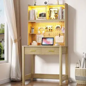 Vlsrka Small Study Desk with Drawers and Reading Lights for Compact Space | 31.5" Fluted Computer Desk with Hutch, Writing Desk with Storage and Charging Station for Teen Bedroom, Study Room, Wood Vlsrka Small Study Desk with Drawers and Reading Lights for Compact Space | 31.5" Fluted Computer Desk with Hutch, Writing Desk with Storage and Charging Station for Teen Bedroom, Study Room, Wood