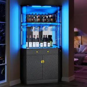Vlsrka 71" Tall Corner Bar Cabinet with RGB Lighting & Motion Sensor LED | Corner Wine Cabinet with Mirror Back & Glass Doors, Modern Liquor Cabinet with Textured Storage for home living room, Black Vlsrka 71" Tall Corner Bar Cabinet with RGB Lighting & Motion Sensor LED | Corner Wine Cabinet with Mirror Back & Glass Doors, Modern Liquor Cabinet with Textured Storage for home living room, Black