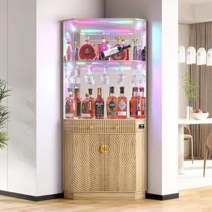 Vlsrka 71" Tall Corner Bar Cabinet with RGB Lighting & Motion Sensor LED | Corner Wine Cabinet with Mirror Back & Glass Doors, Modern Liquor Cabinet with Textured Storage for home living room, Wood Vlsrka 71" Tall Corner Bar Cabinet with RGB Lighting & Motion Sensor LED | Corner Wine Cabinet with Mirror Back & Glass Doors, Modern Liquor Cabinet with Textured Storage for home living room, Wood