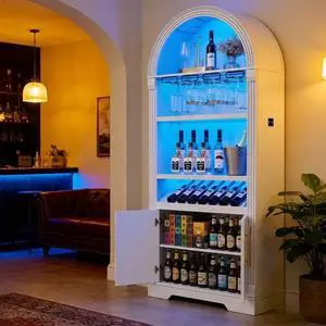 Vlsrka 71" Tall Arched Wine Bar Cabinet with LED Light & Human Sensor | Fluted Coffee Bar Cabinets with Stemware Rack Kitchen Pantry Adjustable Shelves, Liquor Cabinet for Home, Dining Room Vlsrka 71" Tall Arched Wine Bar Cabinet with LED Light & Human Sensor | Fluted Coffee Bar Cabinets with Stemware Rack Kitchen Pantry Adjustable Shelves, Liquor Cabinet for Home, Dining Room