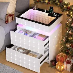 Vlsrka RGB Nightstand with Glass Top,Smart Night Stand with Charging, White | LED End Table with Lockable Compartment, Two Drawers, Human Body Sensor Light, Futuristic Side Table for Bedside Bedroom Vlsrka RGB Nightstand with Glass Top,Smart Night Stand with Charging, White | LED End Table with Lockable Compartment, Two Drawers, Human Body Sensor Light, Futuristic Side Table for Bedside Bedroom
