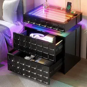 Vlsrka RGB Nightstand with Glass Top,Smart Night Stand with Charging, Black | LED End Table with Lockable Compartment, Two Drawers, Human Body Sensor Light, Futuristic Side Table for Bedside Bedroom Vlsrka RGB Nightstand with Glass Top,Smart Night Stand with Charging, Black | LED End Table with Lockable Compartment, Two Drawers, Human Body Sensor Light, Futuristic Side Table for Bedside Bedroom