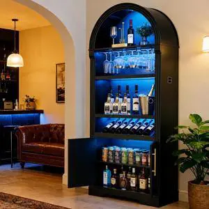 71" Arched Fluted Wine Bar Cabinet with LED Light and Wine Rack (Black) | Coffee Bar Cabinet Liquor Cabinet Motion Sensor, Stemware Holder, Adjustable Shelves, Buffet Sideboard, Dining Room Storage 71" Arched Fluted Wine Bar Cabinet with LED Light and Wine Rack (Black) | Coffee Bar Cabinet Liquor Cabinet Motion Sensor, Stemware Holder, Adjustable Shelves, Buffet Sideboard, Dining Room Storage