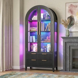 Vlsrka Arched Curio Cabinet with Glass Doors, RGB Lights for Collectibles | 71" Tall Display Cabinet with 4-Shelves & 2 Drawers, Human Sensor LED Lighting Storage Cabinet, Black Vlsrka Arched Curio Cabinet with Glass Doors, RGB Lights for Collectibles | 71" Tall Display Cabinet with 4-Shelves & 2 Drawers, Human Sensor LED Lighting Storage Cabinet, Black