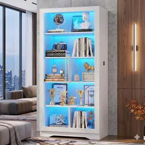 Vlsrka 65 Tall Storage Cabinet with 5 Tier Adjustable Shelves, LED Lights | Modern Display Cabinet for Collectbles, Book, Motion Sensor, Bookcase with Glass Door for Home Office Living Room, White Vlsrka 65 Tall Storage Cabinet with 5 Tier Adjustable Shelves, LED Lights | Modern Display Cabinet for Collectbles, Book, Motion Sensor, Bookcase with Glass Door for Home Office Living Room, White