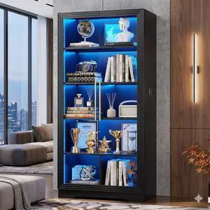 Vlsrka 65 Tall Storage Cabinet with 5 Tier Adjustable Shelves, LED Lights | Modern Display Cabinet for Collectbles, Book, Motion Sensor, Bookcase with Glass Door for Home Office Living Room, Black Vlsrka 65 Tall Storage Cabinet with 5 Tier Adjustable Shelves, LED Lights | Modern Display Cabinet for Collectbles, Book, Motion Sensor, Bookcase with Glass Door for Home Office Living Room, Black