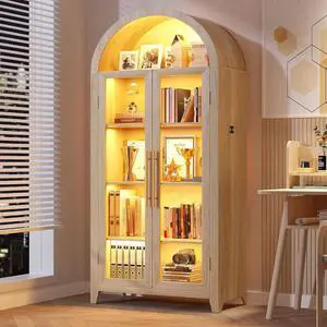 Vlsrka 71" Arched Kitchen Pantry Storage Cabinet with Glass Doors | 5-Tier Display Cabinet for Collectibles, Tall Bookcase with LED Light & Motion Sensor, Curio Cabinet with Adjustable Shelf Vlsrka 71" Arched Kitchen Pantry Storage Cabinet with Glass Doors | 5-Tier Display Cabinet for Collectibles, Tall Bookcase with LED Light & Motion Sensor, Curio Cabinet with Adjustable Shelf