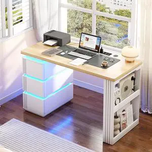 Vlsrka 47.2" Home Office Desk with 3 Drawers, Computer Desk with LED Lights (White) Vlsrka 47.2" Home Office Desk with 3 Drawers, Computer Desk with LED Lights (White)