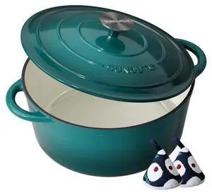 Enameled Cast Iron Dutch Oven - 7.5QT Pot with Lid & Cotton Potholders - Heavy-Duty Cookware for Braising, Stews, Roasting, Bread Baking, Oven Safe up to 500°F & Across All Stovetops, Bottle Green Enameled Cast Iron Dutch Oven - 7.5QT Pot with Lid & Cotton Potholders - Heavy-Duty Cookware for Braising, Stews, Roasting, Bread Baking, Oven Safe up to 500°F & Across All Stovetops, Bottle Green