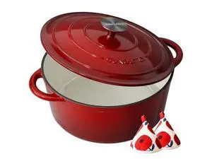 Enameled Cast Iron Dutch Oven - 4.5QT Pot with Lid & Cotton Potholders - Heavy-Duty Cookware for Braising, Stews, Roasting, Bread Baking, Oven Safe up to 500°F & Suitable for All Cooktops, Cherry Red Enameled Cast Iron Dutch Oven - 4.5QT Pot with Lid & Cotton Potholders - Heavy-Duty Cookware for Braising, Stews, Roasting, Bread Baking, Oven Safe up to 500°F & Suitable for All Cooktops, Cherry Red