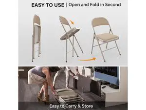 4 Pack Folding Chairs with Padded Seats, Metal Frame with Fabric Seat & Back, Capacity 350 lbs, Khaki, Set of 4 4 Pack Folding Chairs with Padded Seats, Metal Frame with Fabric Seat & Back, Capacity 350 lbs, Khaki, Set of 4
