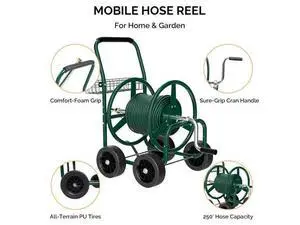 4-Wheel Garden Hose Reel Cart with Storage Basket, Portable Residential Hose Reel Cart, Lawn Watering, for Garden Backyard and Farm (Green 250FT) 4-Wheel Garden Hose Reel Cart with Storage Basket, Portable Residential Hose Reel Cart, Lawn Watering, for Garden Backyard and Farm (Green 250FT)