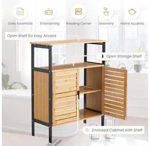 25" Bamboo Bathroom Storage Cabinet with Double Slatted Doors, Freestanding Floor Cabinet Organizer with Open Shelf, Modern Storage for Bathroom Kitchen Living Room 25" Bamboo Bathroom Storage Cabinet with Double Slatted Doors, Freestanding Floor Cabinet Organizer with Open Shelf, Modern Storage for Bathroom Kitchen Living Room
