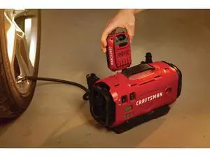 CRAFTSMAN V20 Tire Inflator Portable Air Compressor, Car Air Pump, 3 Modes Tire Pump: Cordless, 120V Corded, and 12V Car Adapter, Battery Sold Separately (CMCE520B) CRAFTSMAN V20 Tire Inflator Portable Air Compressor, Car Air Pump, 3 Modes Tire Pump: Cordless, 120V Corded, and 12V Car Adapter, Battery Sold Separately (CMCE520B)