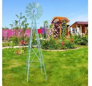 8FT Ornamental Windmill Backyard Garden Decoration Weather Vane, Heavy Duty Metal Wind Mill w/ 4 Legs Design,Light Blue 8FT Ornamental Windmill Backyard Garden Decoration Weather Vane, Heavy Duty Metal Wind Mill w/ 4 Legs Design,Light Blue