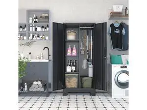 61" H Garage Cabinets, Metal Storage Cabinet with Lockable Doors and Pegboard, Utility Closet for Br 61" H Garage Cabinets, Metal Storage Cabinet with Lockable Doors and Pegboard, Utility Closet for Br