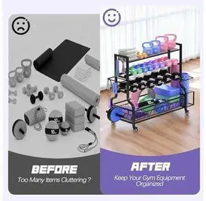 PARTPHONER Dumbbell Weight Rack, Home Gym Storage for Kettlebells Yoga Mat and Balls, All in One Workout Storage with Wheels and Hooks, Powder Coated Finish Steel PARTPHONER Dumbbell Weight Rack, Home Gym Storage for Kettlebells Yoga Mat and Balls, All in One Workout Storage with Wheels and Hooks, Powder Coated Finish Steel