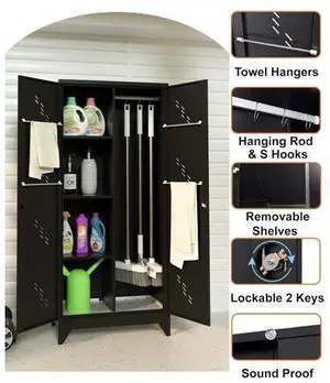 Metal Storage Cabinet with Lock, 71" Garage Storage Cabinets with Hanging Rod & S-Hooks, Large Stora Metal Storage Cabinet with Lock, 71" Garage Storage Cabinets with Hanging Rod & S-Hooks, Large Stora