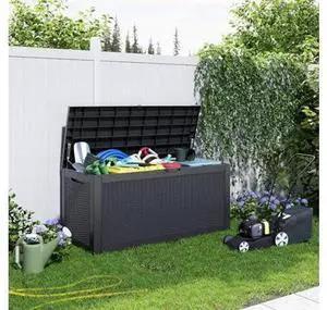 PatioZen 120 Gallon Resin Deck Box, Lockable Weatherproof Outdoor Storage Box for Furniture, Garden Tools and Tools Storage, Waterproof Outside Storage Boxes - Black PatioZen 120 Gallon Resin Deck Box, Lockable Weatherproof Outdoor Storage Box for Furniture, Garden Tools and Tools Storage, Waterproof Outside Storage Boxes - Black