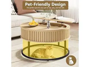 Round Coffee Table with Lift Top - Fluted Wood Center Coffee Tables for Living Room, Lifting Up for Dining, Large Hidden Circle Storage Compartment for Small Spaces, Mid Century Modern Round Coffee Table with Lift Top - Fluted Wood Center Coffee Tables for Living Room, Lifting Up for Dining, Large Hidden Circle Storage Compartment for Small Spaces, Mid Century Modern