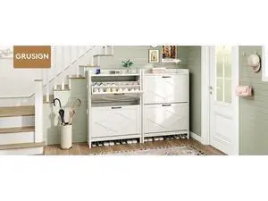 GRUSIGN Shoe Cabinet, Shoe Storage Cabinet with 2 Flip Drawers & Adjustable Shelf, Space-Saving Shoe Organizer Holds 16+ Pairs, Narrow Shoe Cabinet Storage for Entryway/HallwayBlack GRUSIGN Shoe Cabinet, Shoe Storage Cabinet with 2 Flip Drawers & Adjustable Shelf, Space-Saving Shoe Organizer Holds 16+ Pairs, Narrow Shoe Cabinet Storage for Entryway/HallwayBlack