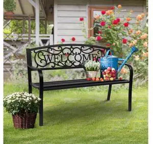 Outdoor Bench for Patio Metal Garden Bench w/PVC Back Pattern, Black Park Benches Front Porch Benches for Yard Lawn Decor Deck Entryway (Black-Welcome) Outdoor Bench for Patio Metal Garden Bench w/PVC Back Pattern, Black Park Benches Front Porch Benches for Yard Lawn Decor Deck Entryway (Black-Welcome)