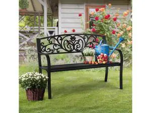 Outdoor Bench for Patio Metal Garden Bench w/PVC Back Pattern, Black Park Benches Front Porch Benches for Yard Lawn Decor Deck Entryway (Black-Floral) Outdoor Bench for Patio Metal Garden Bench w/PVC Back Pattern, Black Park Benches Front Porch Benches for Yard Lawn Decor Deck Entryway (Black-Floral)