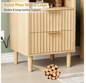 Fluted Nightstands Set of 2 with Charging Station, Wood Nightstand 2 Drawer, Mid Century Modern Nightstands for Bedroom, Fluted Bed Side Table, Oak Night Stands Set 2 Fluted Nightstands Set of 2 with Charging Station, Wood Nightstand 2 Drawer, Mid Century Modern Nightstands for Bedroom, Fluted Bed Side Table, Oak Night Stands Set 2