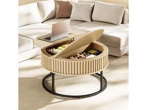 Round Coffee Table with Lift Top - Fluted Wood Center Coffee Tables for Living Room, Lifting Up for Dining, Large Hidden Circle Storage Compartment for Small Spaces, Mid Century Modern Natural Round Coffee Table with Lift Top - Fluted Wood Center Coffee Tables for Living Room, Lifting Up for Dining, Large Hidden Circle Storage Compartment for Small Spaces, Mid Century Modern Natural