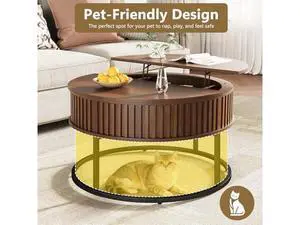 Round Coffee Table with Lift Top - Fluted Wood Center Coffee Tables for Living Room, Lifting Up for Dining, Large Hidden Circle Storage Compartment for Small Spaces, Mid Century Modern Round Coffee Table with Lift Top - Fluted Wood Center Coffee Tables for Living Room, Lifting Up for Dining, Large Hidden Circle Storage Compartment for Small Spaces, Mid Century Modern
