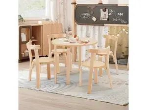 Kids Table and 4 Chairs Set - Round Table and Chair Set for Children, EN71 Certified, Birch Veneer - Wooden Dining Play Set for Children, Durable Wooden Play Table and Chairs, Solid Wood Kids Table and 4 Chairs Set - Round Table and Chair Set for Children, EN71 Certified, Birch Veneer - Wooden Dining Play Set for Children, Durable Wooden Play Table and Chairs, Solid Wood