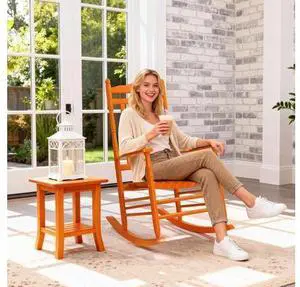 Wooden Rocking Chair, Outdoor Chair with 450 lbs Support, Relaxing Rocker with Solid Wood High Back Seat Reclining Seat for Deck, Garden, Backyard, Porch, Indoor or Outdoor Use (Orange, 1PC) Wooden Rocking Chair, Outdoor Chair with 450 lbs Support, Relaxing Rocker with Solid Wood High Back Seat Reclining Seat for Deck, Garden, Backyard, Porch, Indoor or Outdoor Use (Orange, 1PC)