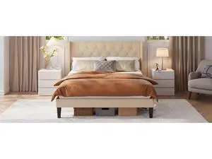 Ahomly Full Size Bed Frame, Upholstered Bed Frame with Headboard and Strong Wooden Slats, Sturdy and Stable, No Box Spring Needed, Heavy Duty Feet, Easy Assembly, Beige Ahomly Full Size Bed Frame, Upholstered Bed Frame with Headboard and Strong Wooden Slats, Sturdy and Stable, No Box Spring Needed, Heavy Duty Feet, Easy Assembly, Beige
