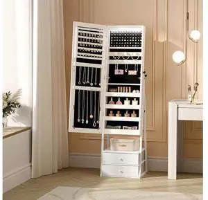 LED Jewelry Cabinet Armoire, Lockable Full Length Mirror with Storage, Large Capacity Jewelry Organizer with 2 Drawers, Free Standing Makeup Vanity for Bedroom, White LED Jewelry Cabinet Armoire, Lockable Full Length Mirror with Storage, Large Capacity Jewelry Organizer with 2 Drawers, Free Standing Makeup Vanity for Bedroom, White