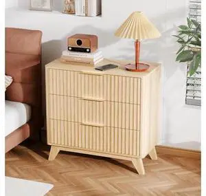 Fluted Wood Nightstand 3 Drawer, 31.5" W Mid Century Modern Nightstand Tall, Fluted Bedside Table, End Table, Night Stand for Bedroom, Oak, 31.5" W*15.96" D*29.72" H Fluted Wood Nightstand 3 Drawer, 31.5" W Mid Century Modern Nightstand Tall, Fluted Bedside Table, End Table, Night Stand for Bedroom, Oak, 31.5" W*15.96" D*29.72" H