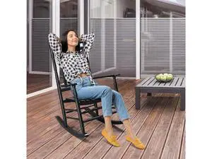 Wooden Rocking Chair, Outdoor Chair with 450 lbs Support, Relaxing Rocker with Solid Wood High Back Seat Reclining Seat for Deck, Garden, Backyard, Porch, Indoor or Outdoor Use (Black, 1PC) Wooden Rocking Chair, Outdoor Chair with 450 lbs Support, Relaxing Rocker with Solid Wood High Back Seat Reclining Seat for Deck, Garden, Backyard, Porch, Indoor or Outdoor Use (Black, 1PC)