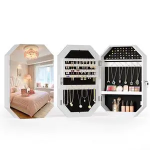 Diamond-Shaped Wall-Mounted Jewelry Organizer, Lockable Octagonal Jewelry Cabinet with Mirror, Space-Saving Hanging Storage for Earrings, Necklaces, Rings, Modern and Elegant Home Decor Diamond-Shaped Wall-Mounted Jewelry Organizer, Lockable Octagonal Jewelry Cabinet with Mirror, Space-Saving Hanging Storage for Earrings, Necklaces, Rings, Modern and Elegant Home Decor