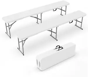 6 feet Folding Bench,Portable Outdoor Bench for Picnic Party Camping | Foldable Bench with Handle, Lightweight, HDPE Tabletop - BBQs, Sporting Events, and Temporary Seating (2, White, 6ft) 6 feet Folding Bench,Portable Outdoor Bench for Picnic Party Camping | Foldable Bench with Handle, Lightweight, HDPE Tabletop - BBQs, Sporting Events, and Temporary Seating (2, White, 6ft)