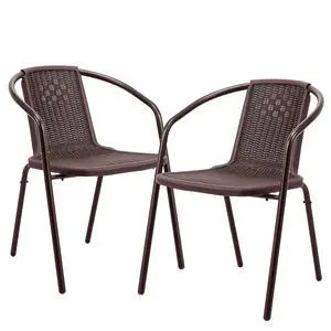 PE Rattan Patio Dining Chairs Set of 2 | Plastic Stackable Outdoor Indoor Dining Chairs with Armrests, Weather-Resistant Woven Design for Porch, Garden, Brown PE Rattan Patio Dining Chairs Set of 2 | Plastic Stackable Outdoor Indoor Dining Chairs with Armrests, Weather-Resistant Woven Design for Porch, Garden, Brown
