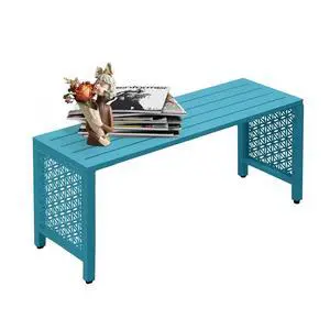 40in Outdoor Metal Bench, All-Weathe Backless Patio Bench with Slatted SeatFloral Side Panels, Rust-Resistant Garden Bench, Weatherproof Outdoor Seating for Porch Entryway Backyard (Blue) 40in Outdoor Metal Bench, All-Weathe Backless Patio Bench with Slatted SeatFloral Side Panels, Rust-Resistant Garden Bench, Weatherproof Outdoor Seating for Porch Entryway Backyard (Blue)